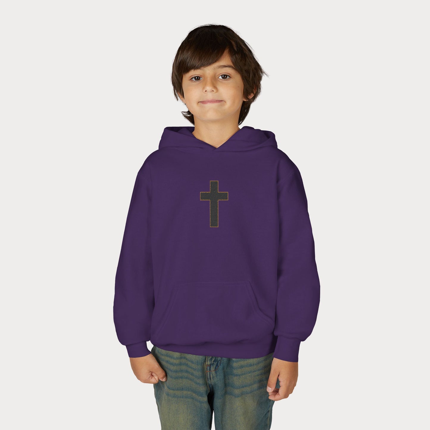 Christian Cross Youth Hoodie — Minimal Black Pullover for Kids