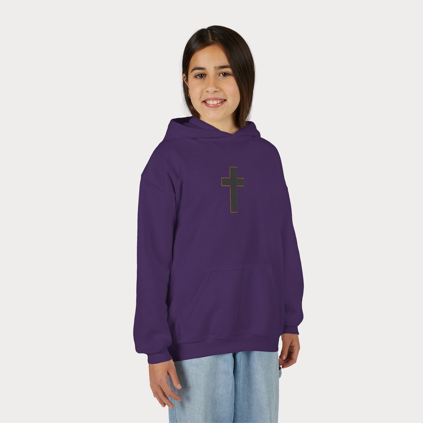 Christian Cross Youth Hoodie — Minimal Black Pullover for Kids