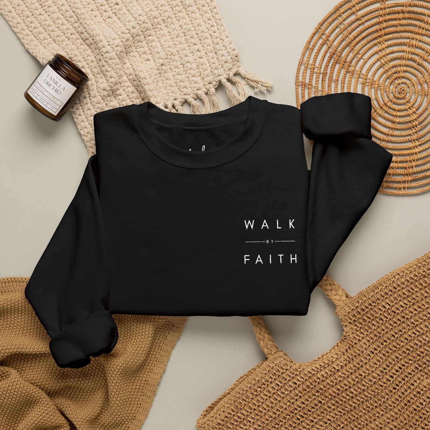 Embroidered "Walk By Faith" Crewneck Sweatshirt White Text