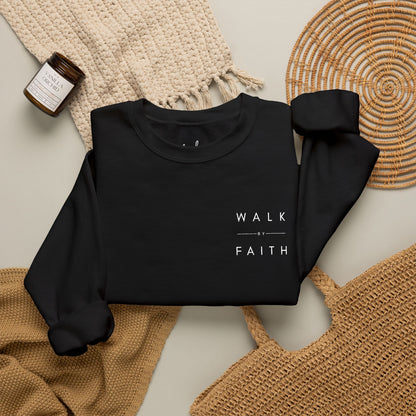Walk by Faith Embroidered Christian Crewneck Sweatshirt | White Embroidery Premium Unisex Pullover