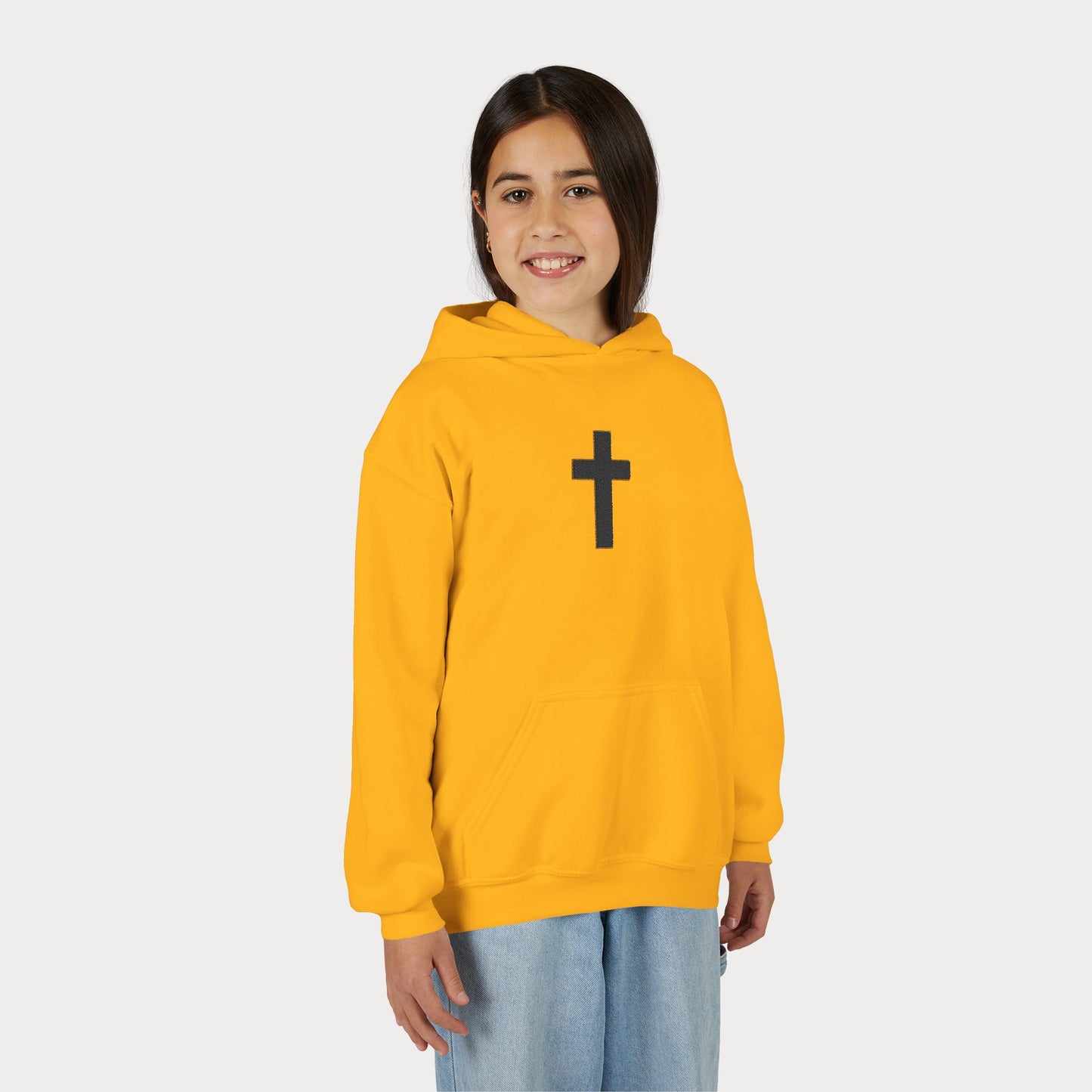 Christian Cross Youth Hoodie — Minimal Black Pullover for Kids