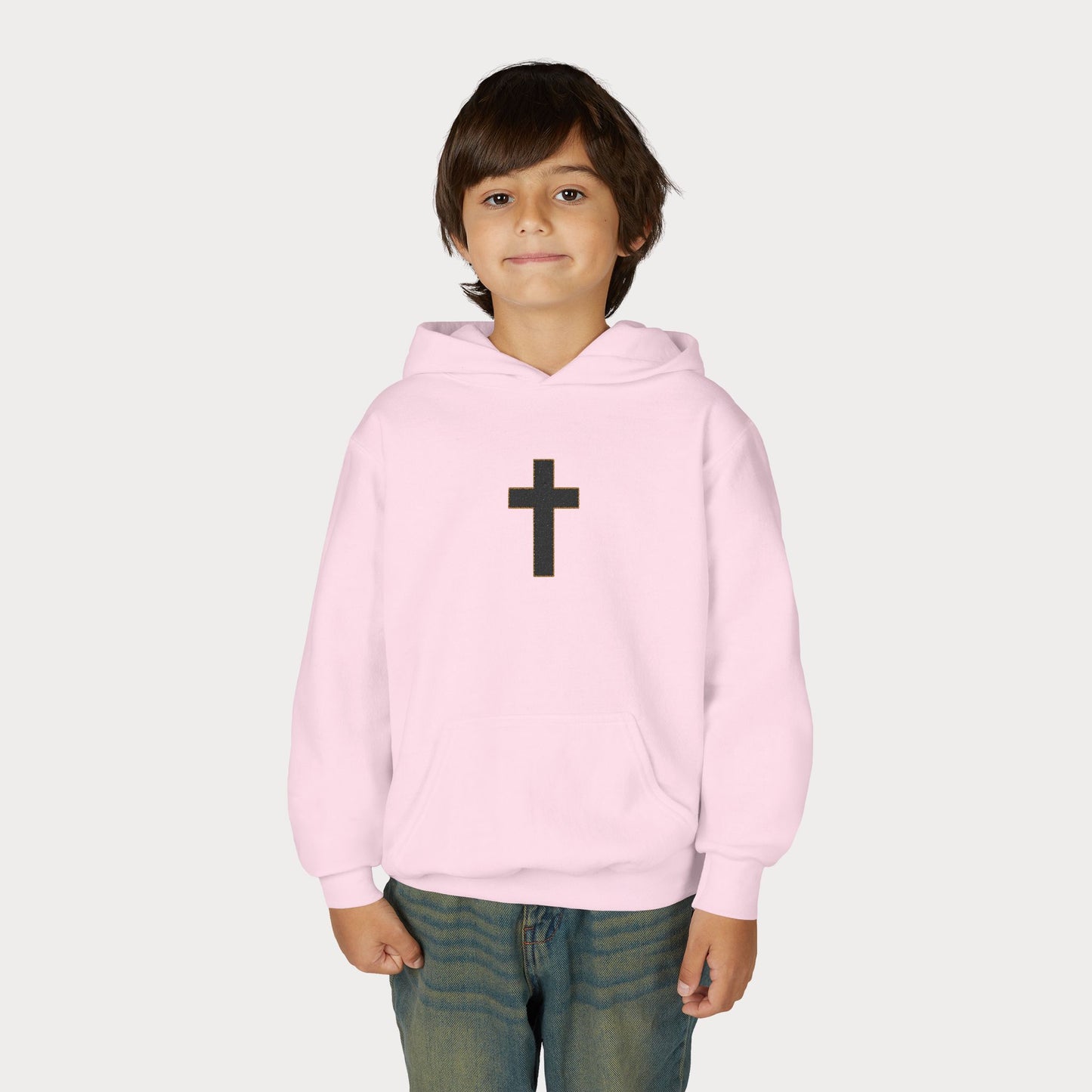 Christian Cross Youth Hoodie — Minimal Black Pullover for Kids