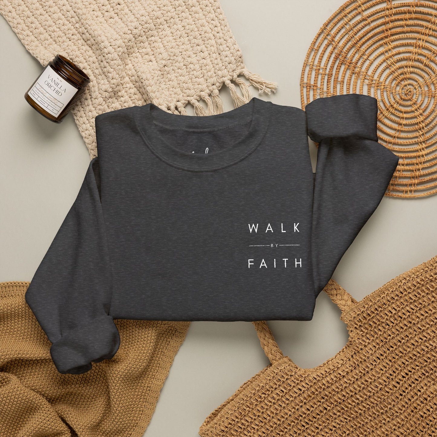 Embroidered "Walk By Faith" Crewneck Sweatshirt White Text