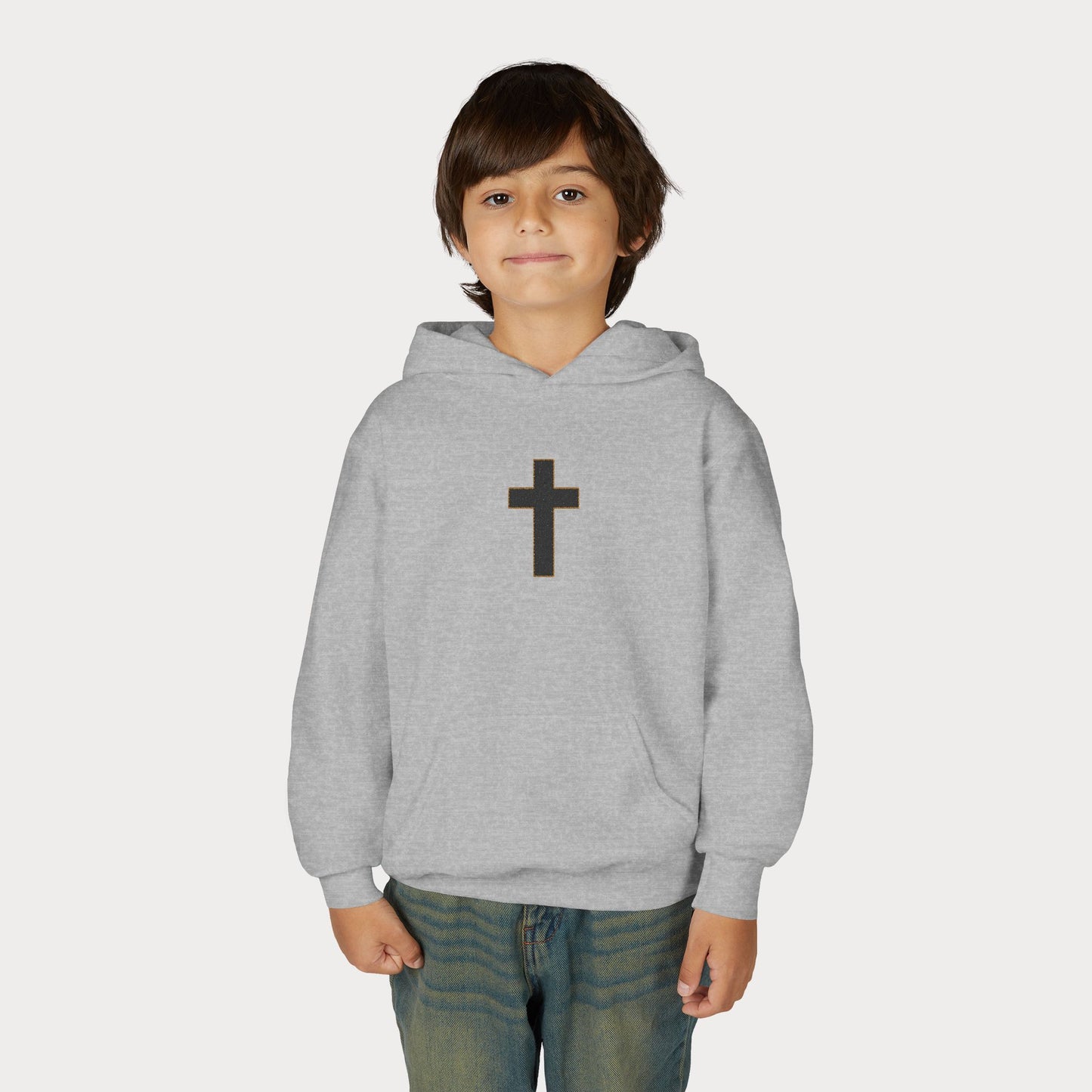 Christian Cross Youth Hoodie — Minimal Black Pullover for Kids