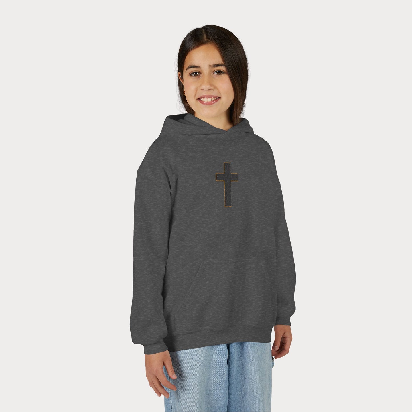 Christian Cross Youth Hoodie — Minimal Black Pullover for Kids