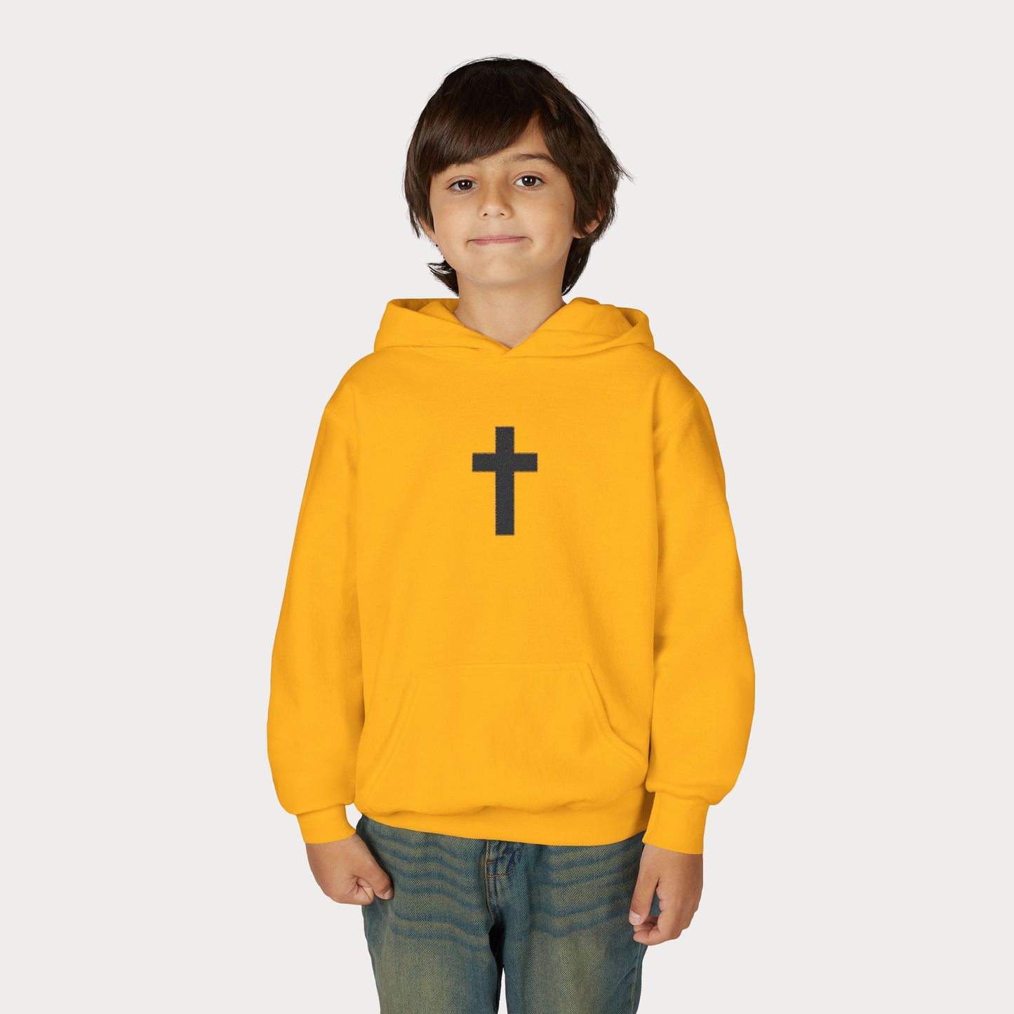 Christian Cross Youth Hoodie — Minimal Black Pullover for Kids