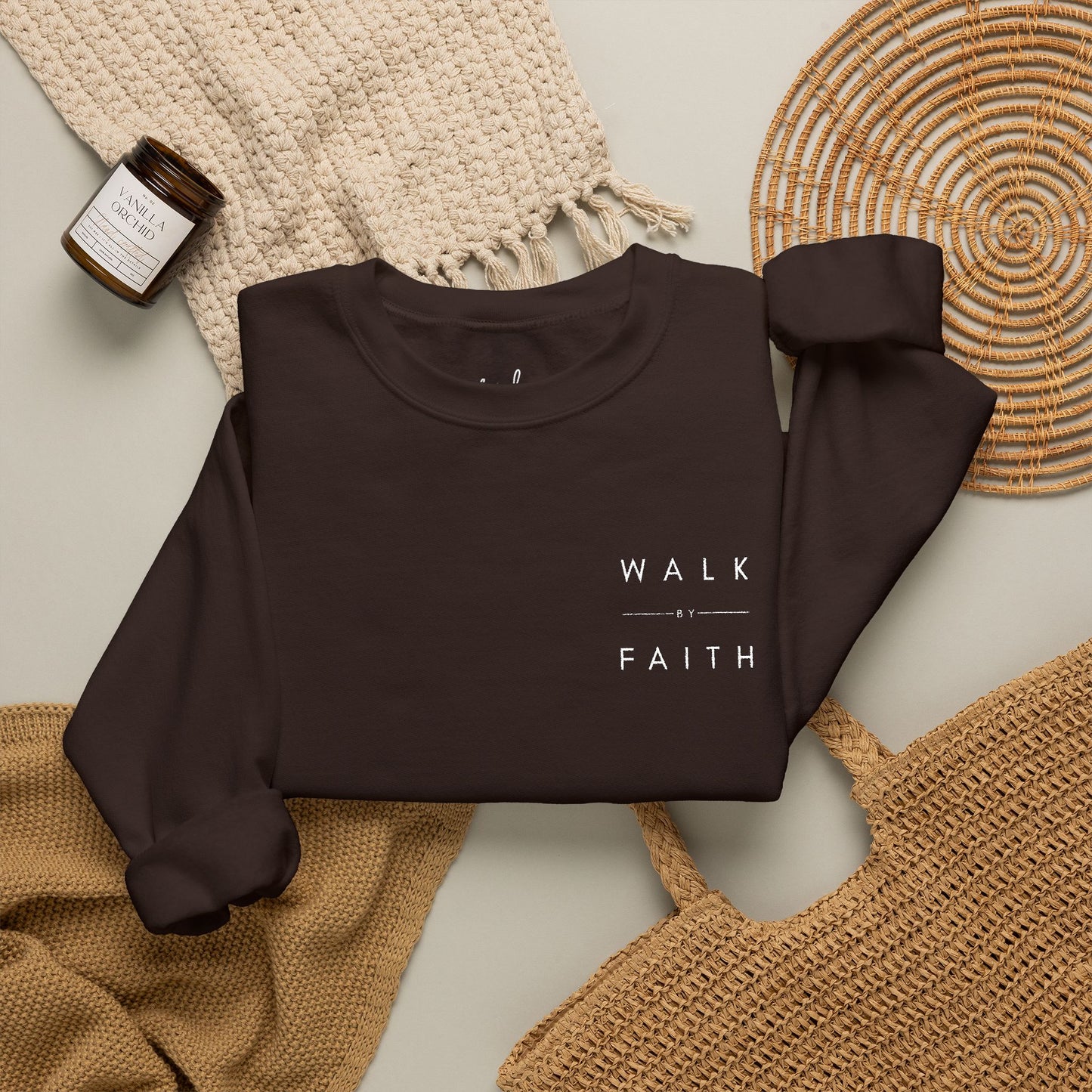 Embroidered "Walk By Faith" Crewneck Sweatshirt White Text