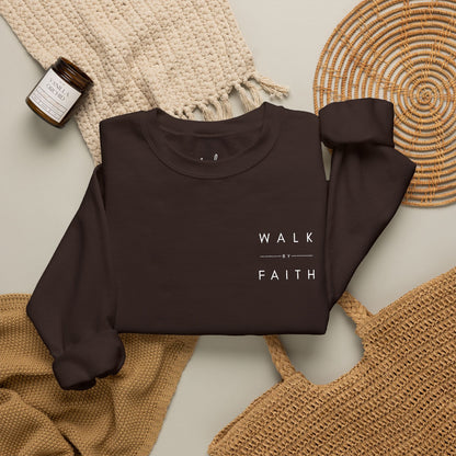 Walk by Faith Embroidered Christian Crewneck Sweatshirt | White Embroidery Premium Unisex Pullover