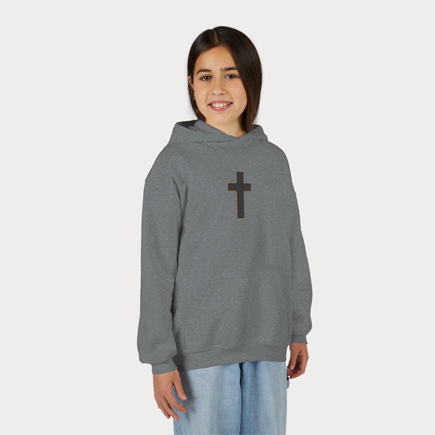 Christian Cross Youth Hoodie — Minimal Black Pullover for Kids