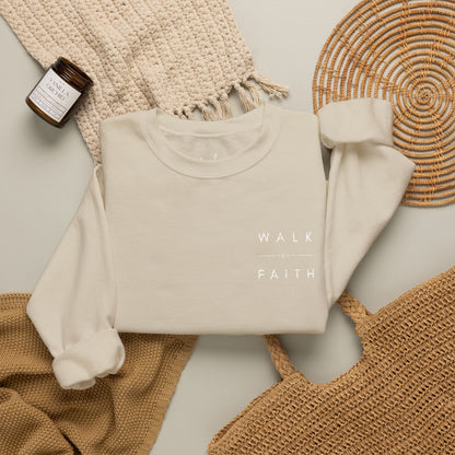 Walk by Faith Embroidered Christian Crewneck Sweatshirt | White Embroidery Premium Unisex Pullover