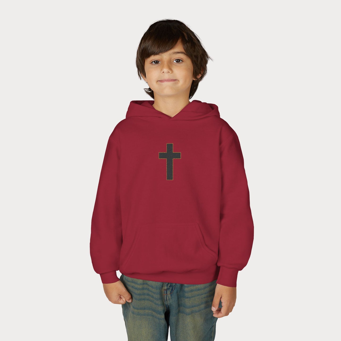 Christian Cross Youth Hoodie — Minimal Black Pullover for Kids