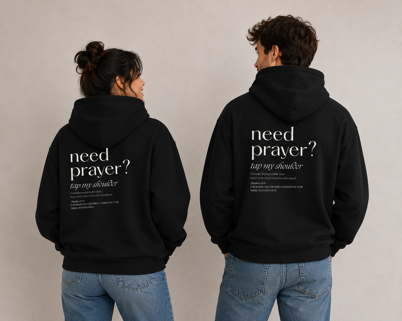 Christian Hoodie — “Need Prayer? Tap My Shoulder” Pullover with Small Cross