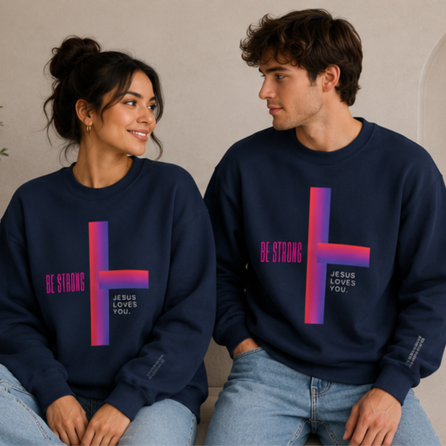 Be Strong, Jesus Loves You Christian Crewneck Sweatshirt | Premium Faith Pullover