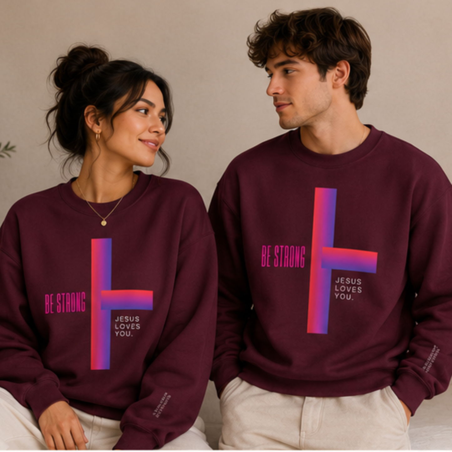 Be Strong, Jesus Loves You Christian Crewneck Sweatshirt | Premium Faith Pullover