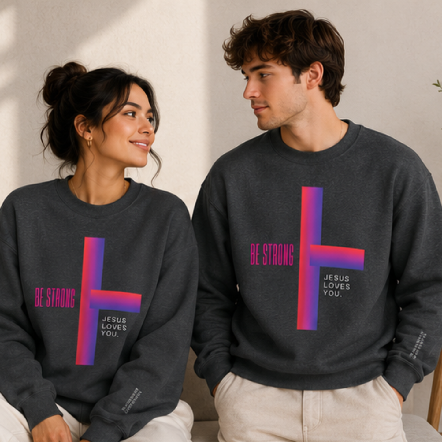 Be Strong, Jesus Loves You Christian Crewneck Sweatshirt | Premium Faith Pullover
