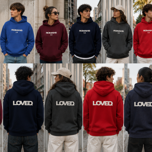 LOVED. Romans 5:8 Christian Hoodie | Minimalist Faith Hoodie | Bible Verse Pullover | Christian Streetwear