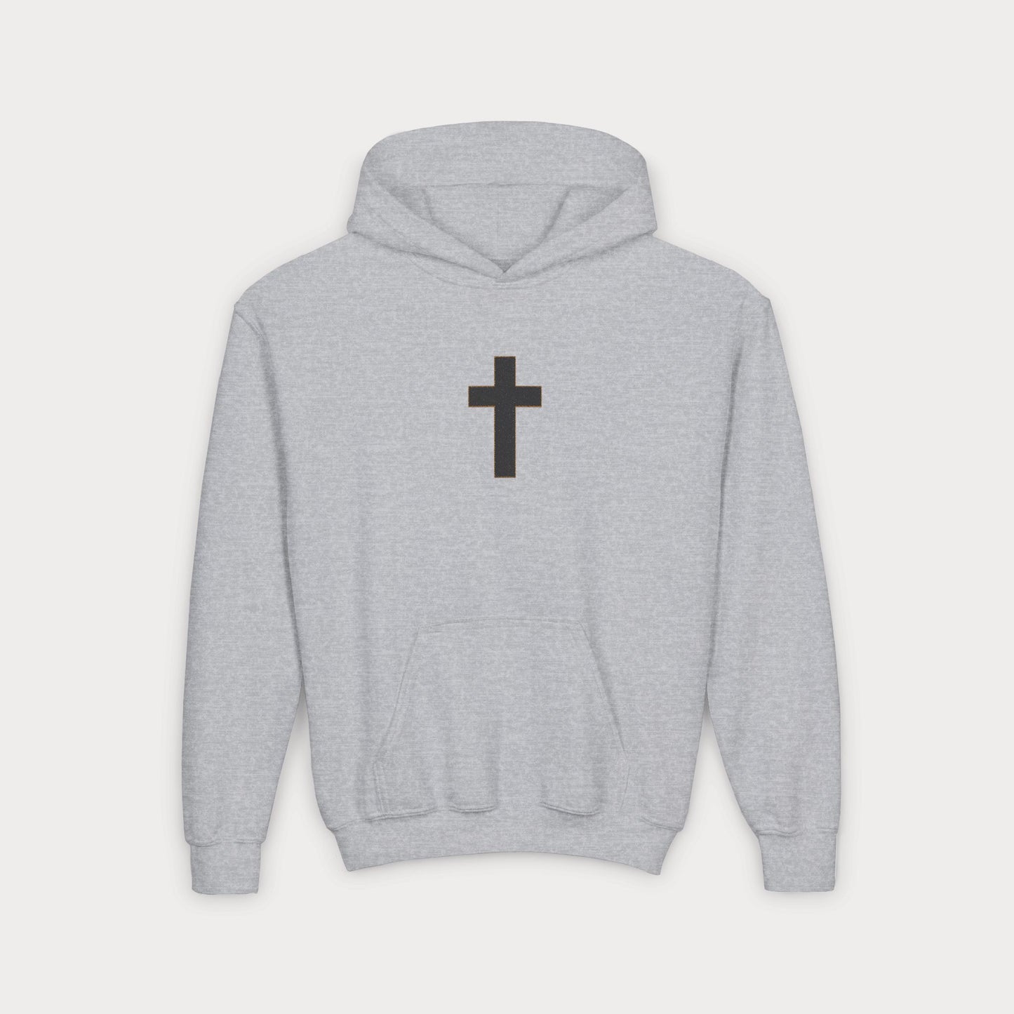Christian Cross Youth Hoodie — Minimal Black Pullover for Kids