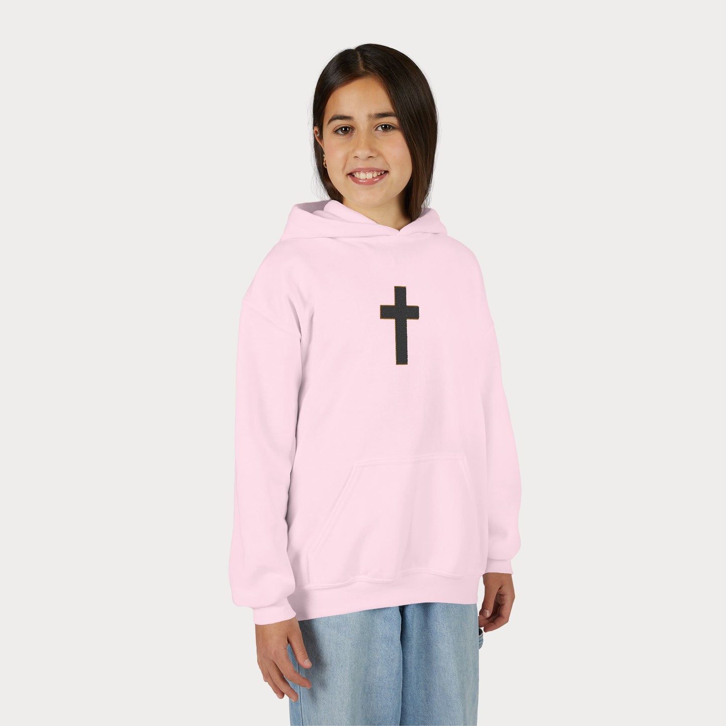Christian Cross Youth Hoodie — Minimal Black Pullover for Kids
