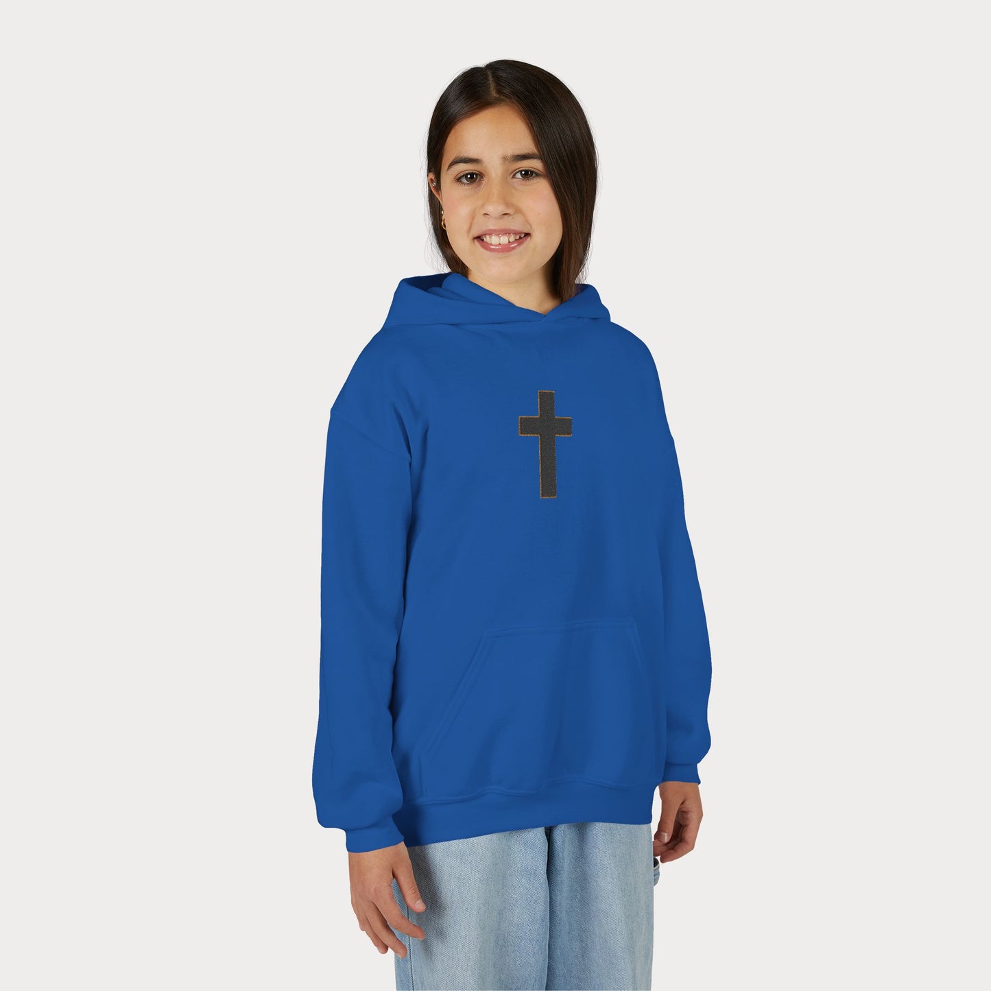 Christian Cross Youth Hoodie — Minimal Black Pullover for Kids