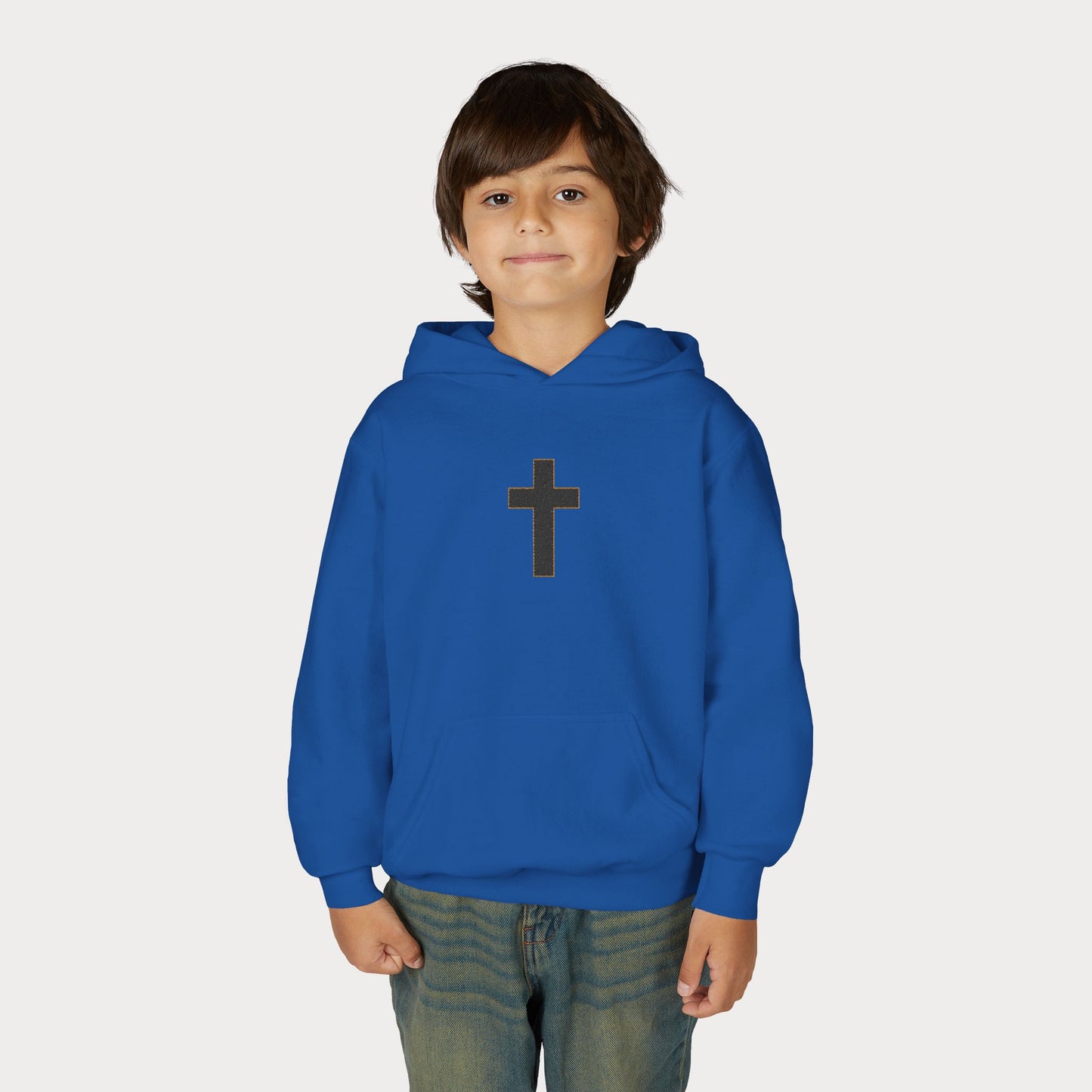 Christian Cross Youth Hoodie — Minimal Black Pullover for Kids