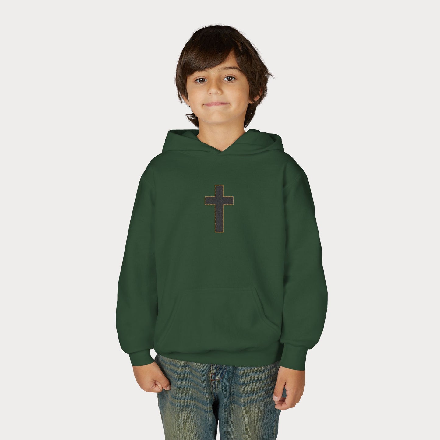 Christian Cross Youth Hoodie — Minimal Black Pullover for Kids