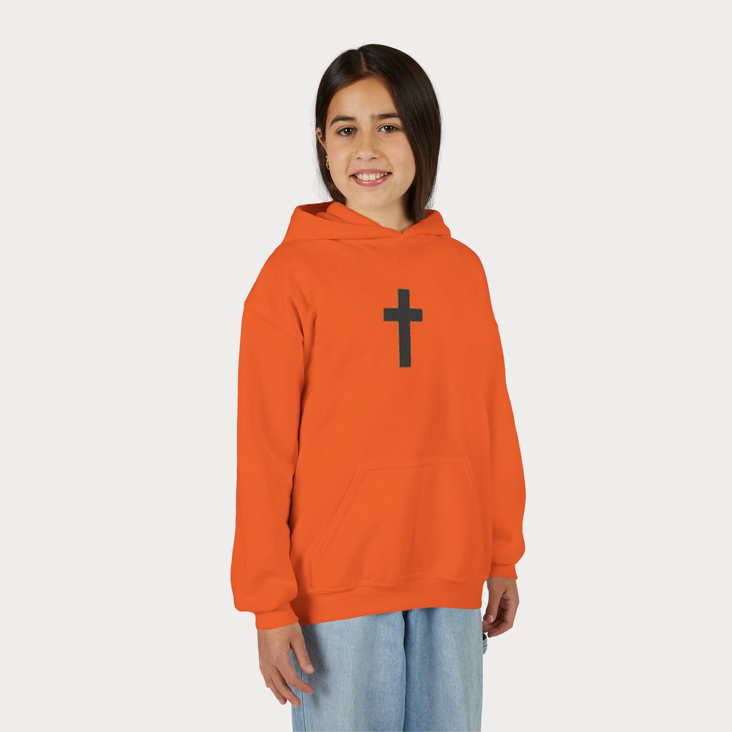 Christian Cross Youth Hoodie — Minimal Black Pullover for Kids
