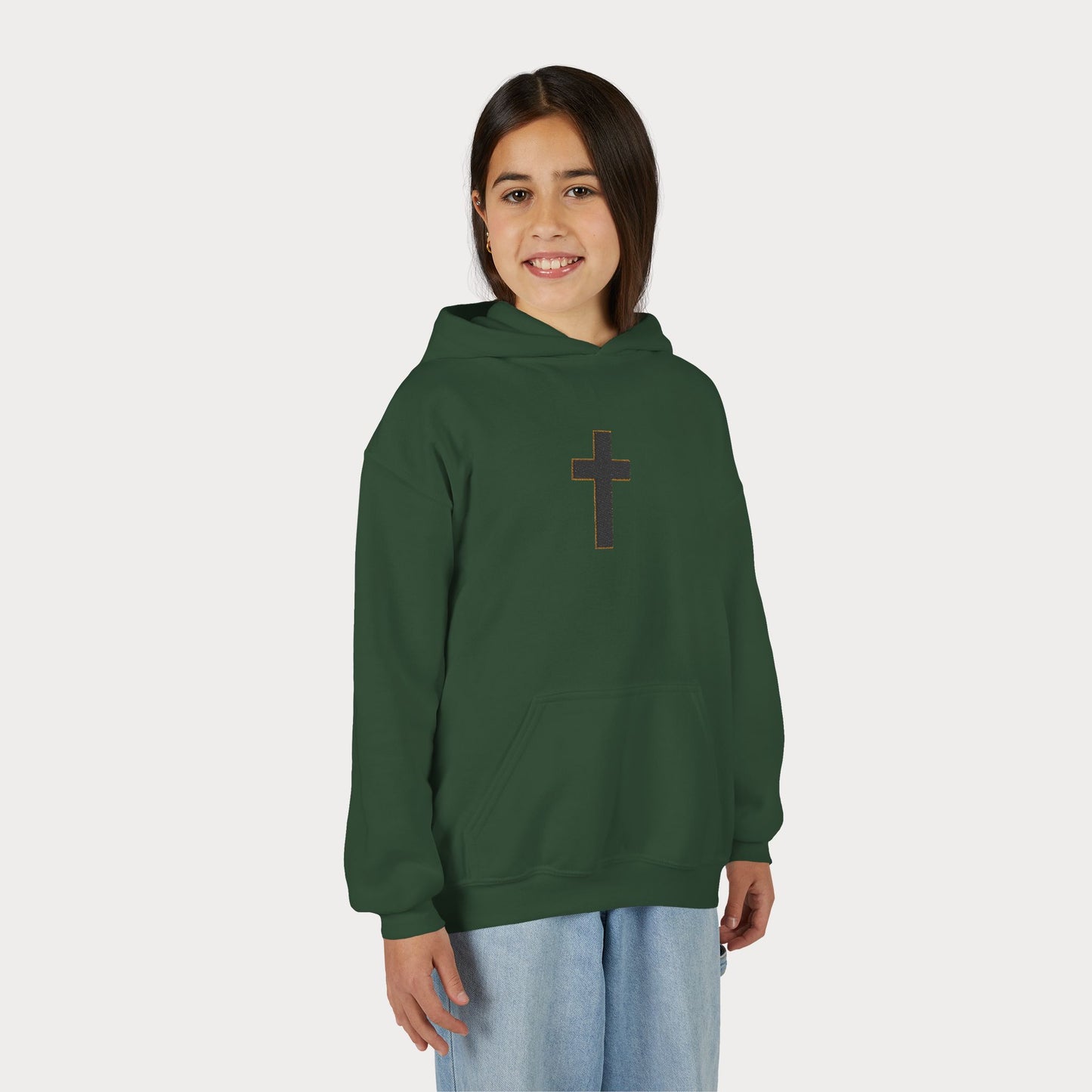 Christian Cross Youth Hoodie — Minimal Black Pullover for Kids