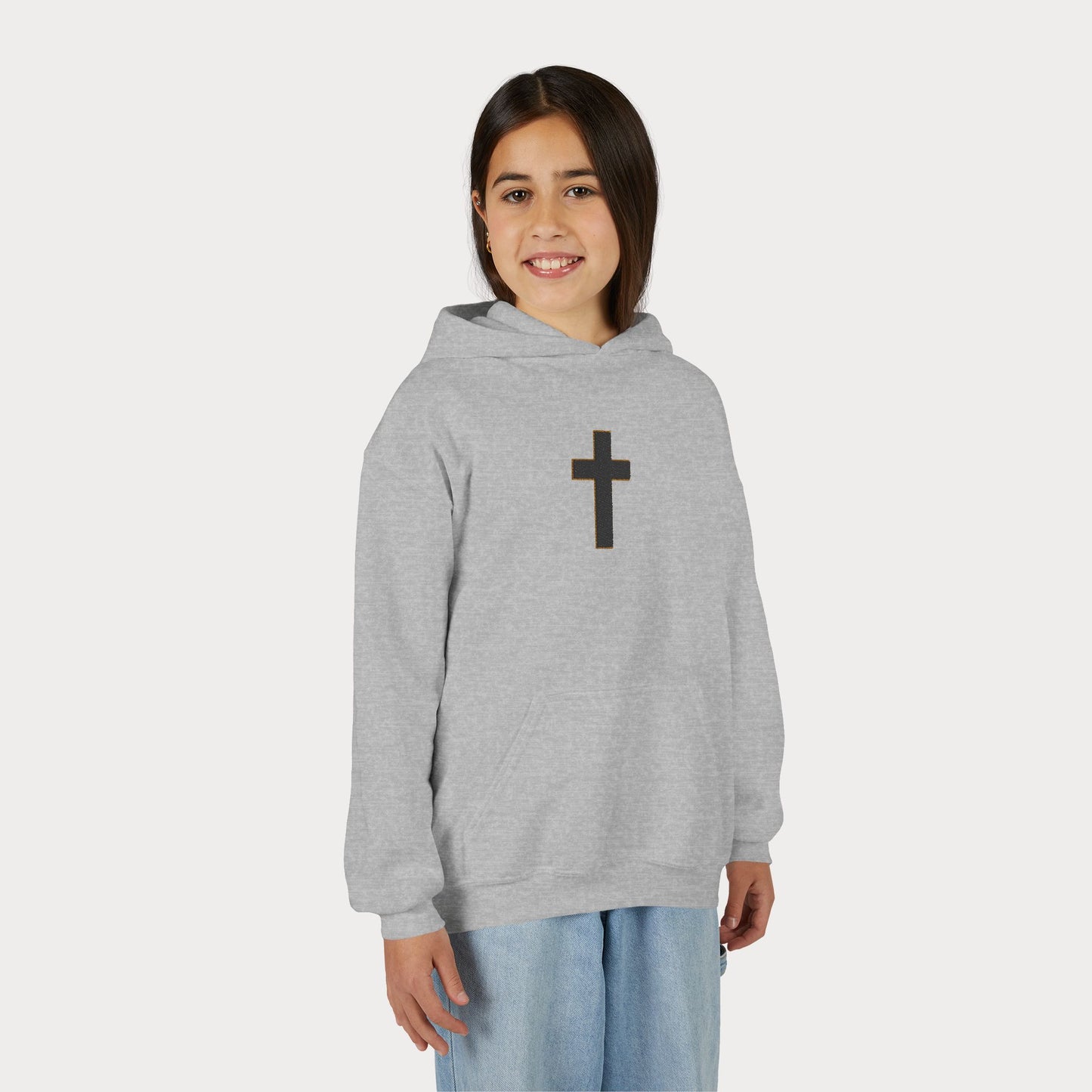 Christian Cross Youth Hoodie — Minimal Black Pullover for Kids