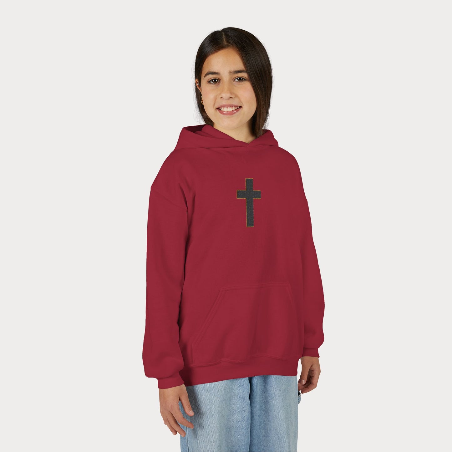 Christian Cross Youth Hoodie — Minimal Black Pullover for Kids
