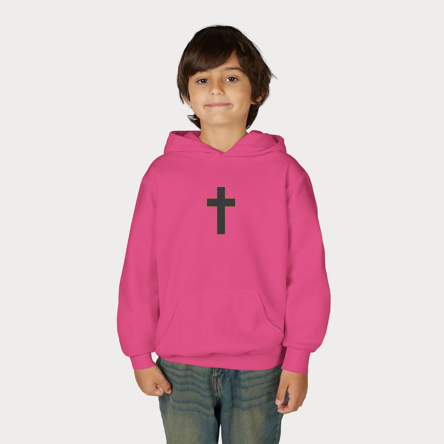 Christian Cross Youth Hoodie — Minimal Black Pullover for Kids