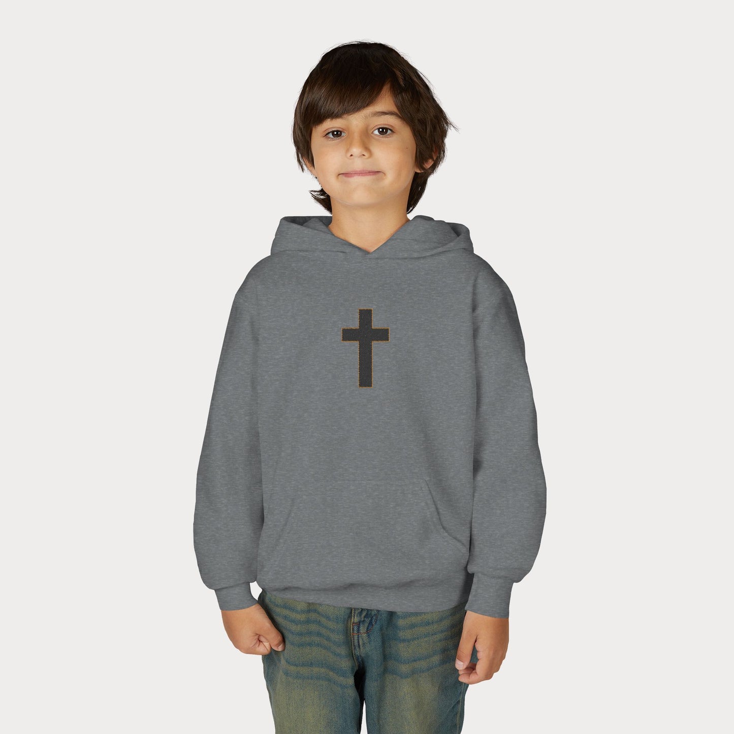 Christian Cross Youth Hoodie — Minimal Black Pullover for Kids