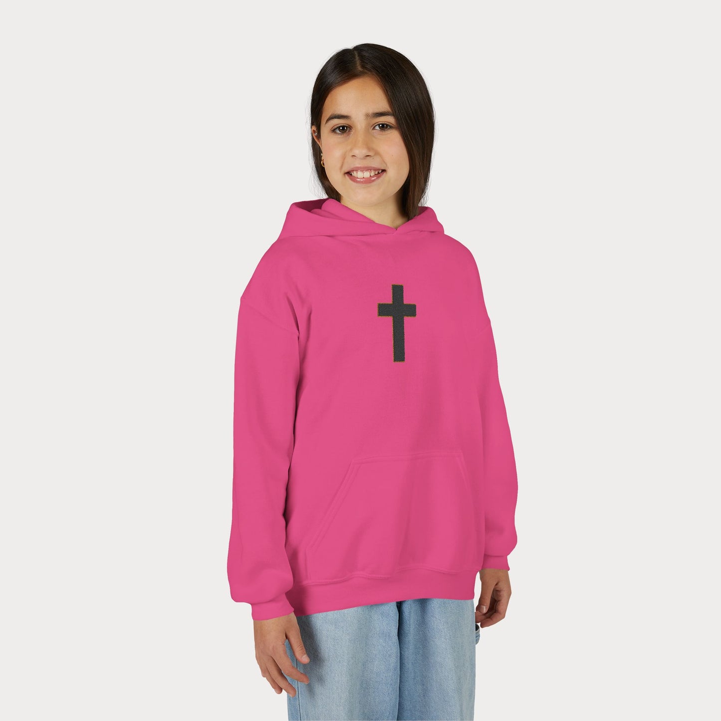 Christian Cross Youth Hoodie — Minimal Black Pullover for Kids