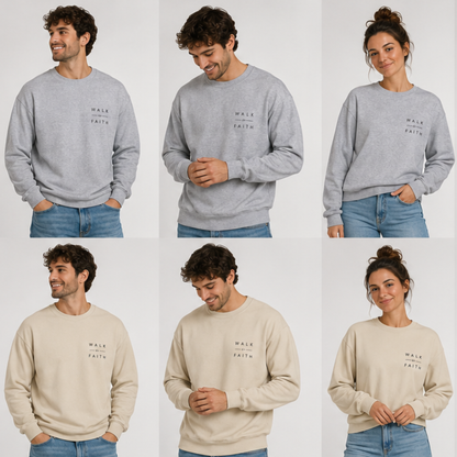 Walk by Faith Christian crewneck sweatshirt with premium black embroidered design on a heavyweight unisex pullover